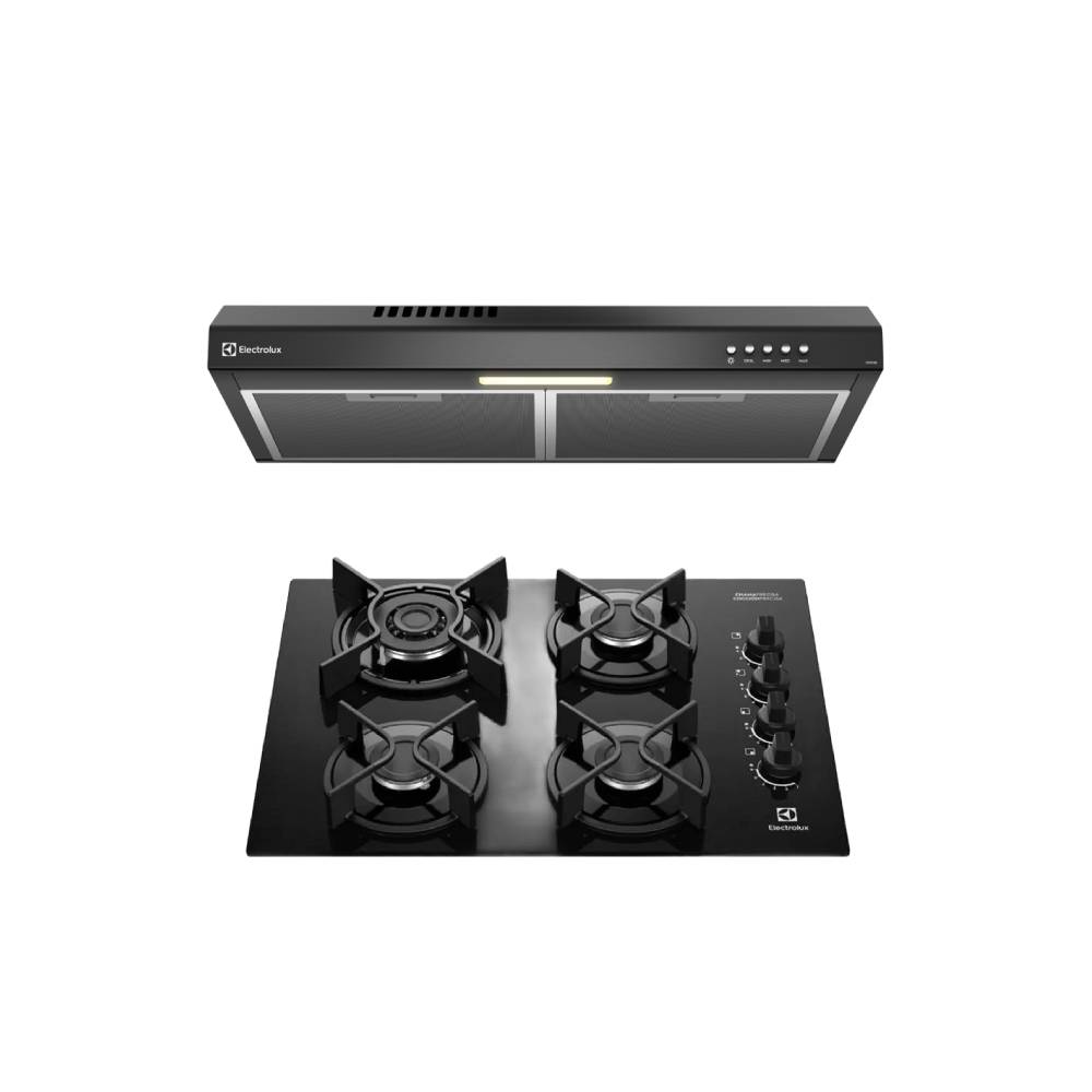 Combo Electrolux: Encimera a Gas 4 hornillas 60cm KE4GC + Campana 60cm Alto Poder de Succion e iluminacion LED Negra DE6SB